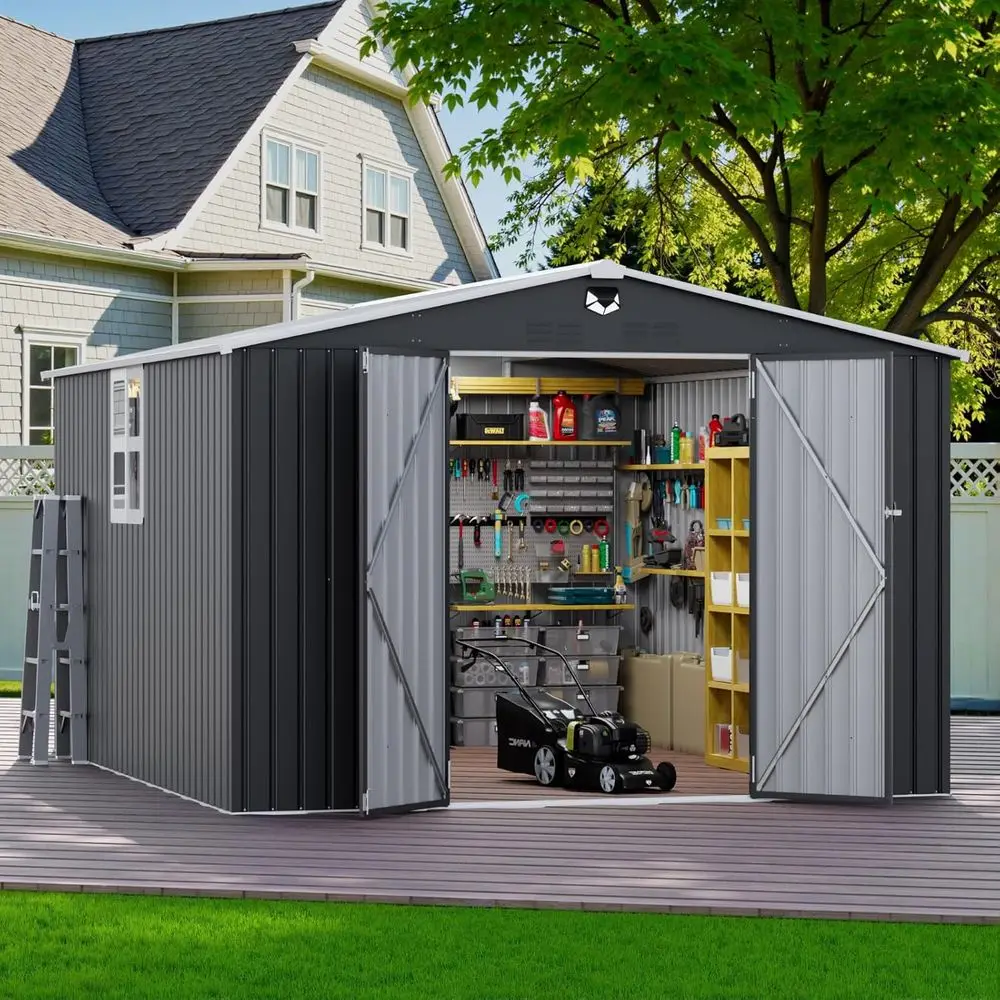 

10x12 Outdoor Metal Storage Shed with Lockable Door and Clear Window - Waterproof Garden Shed for Patio or Backyard