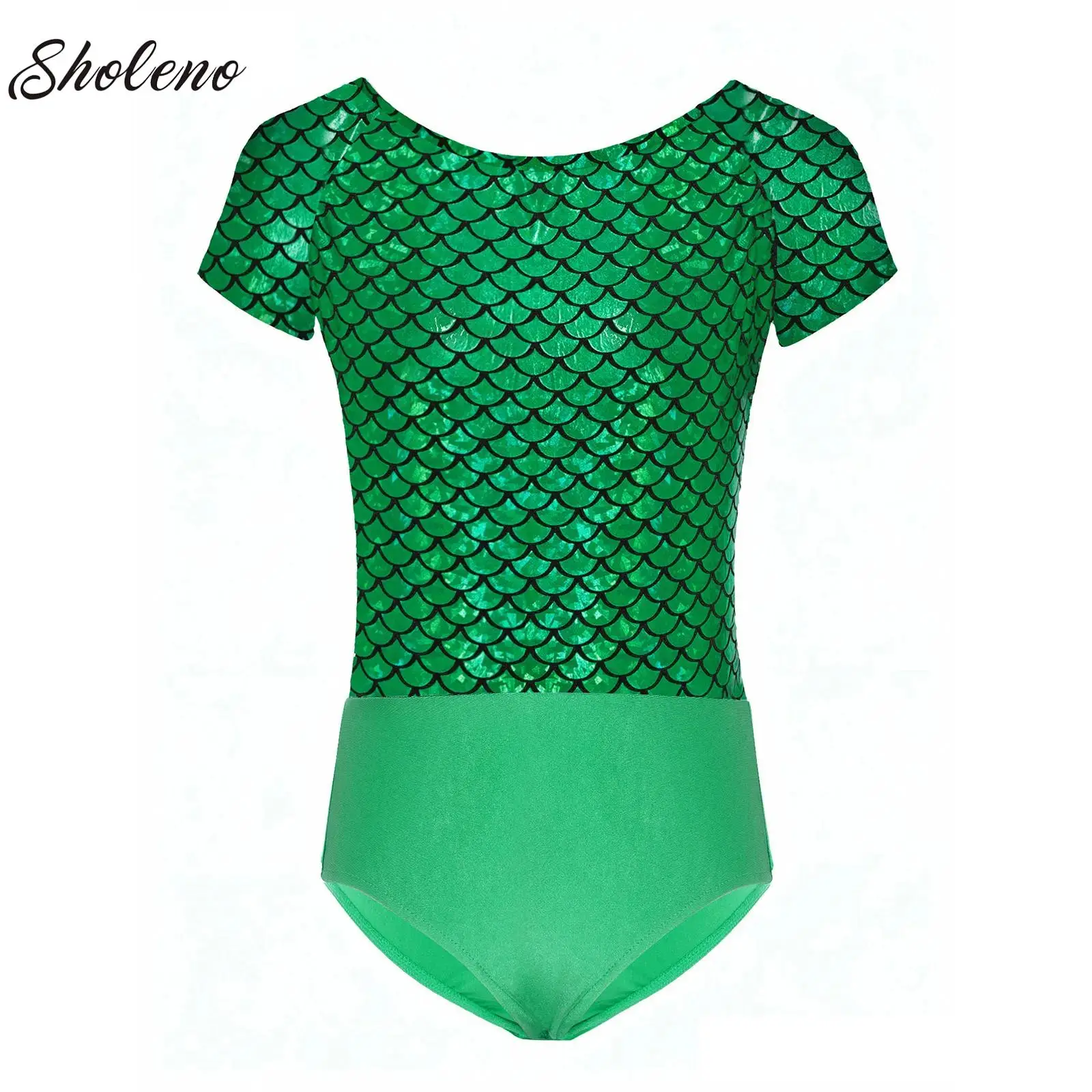 

Kids Girls Metallic Ballerina Bodysuit Ballet Dance Leotard Fish Scale Print Bowknot Bodysuit for Christmas Party Performance
