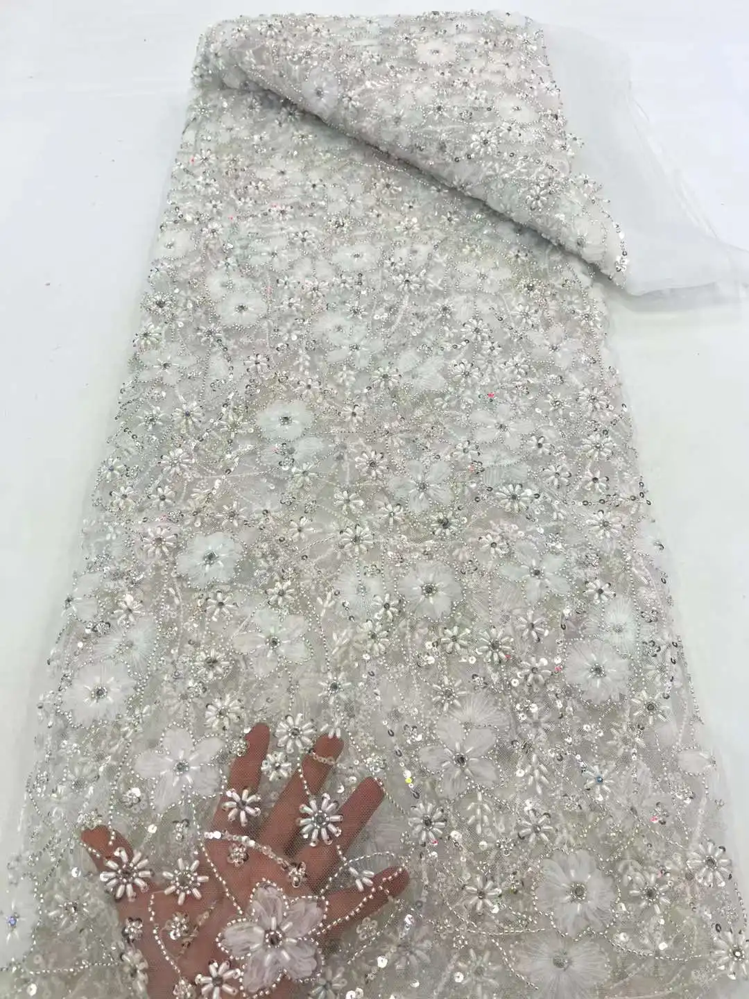 

2024 Latest Hot Sale Fashion Africa Lace High Quality Handmade Embroidery Lace WIth Beads Sequins Partyor Wedding Dress XC