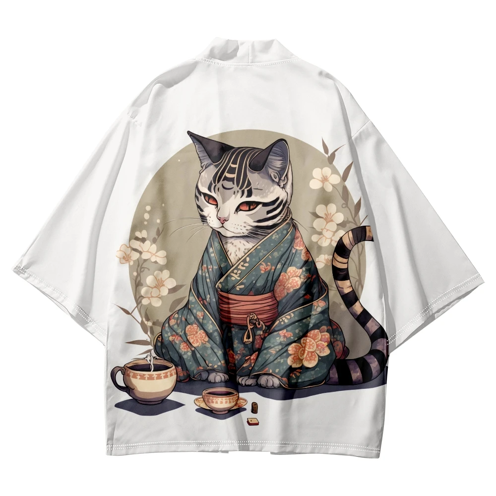 

Men Women Cardigan Haori Harajuku Japanese Anime Cat Print Kimono Streetwear Traditional Beach Yukata Plus Size 5XL 6XL