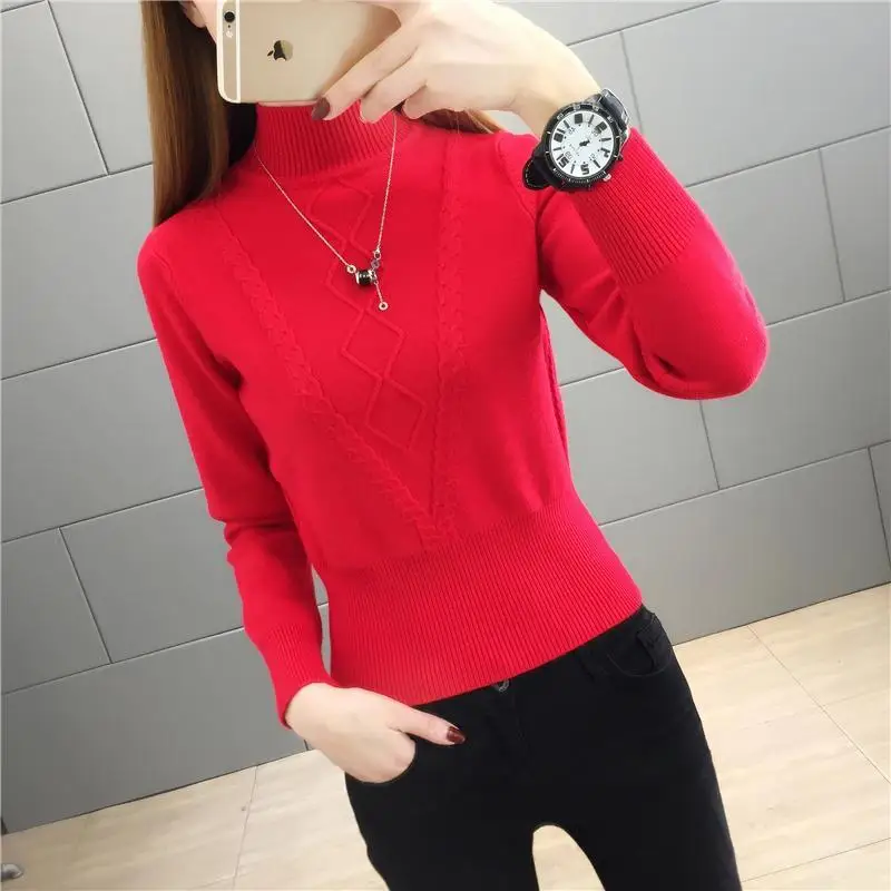 Autumn and Winter Women\'s Pullover Half High Neck Long Sleeve Solid Twist Stripe Plaid Slim Fit Sweater Fashion Casual Knit Tops