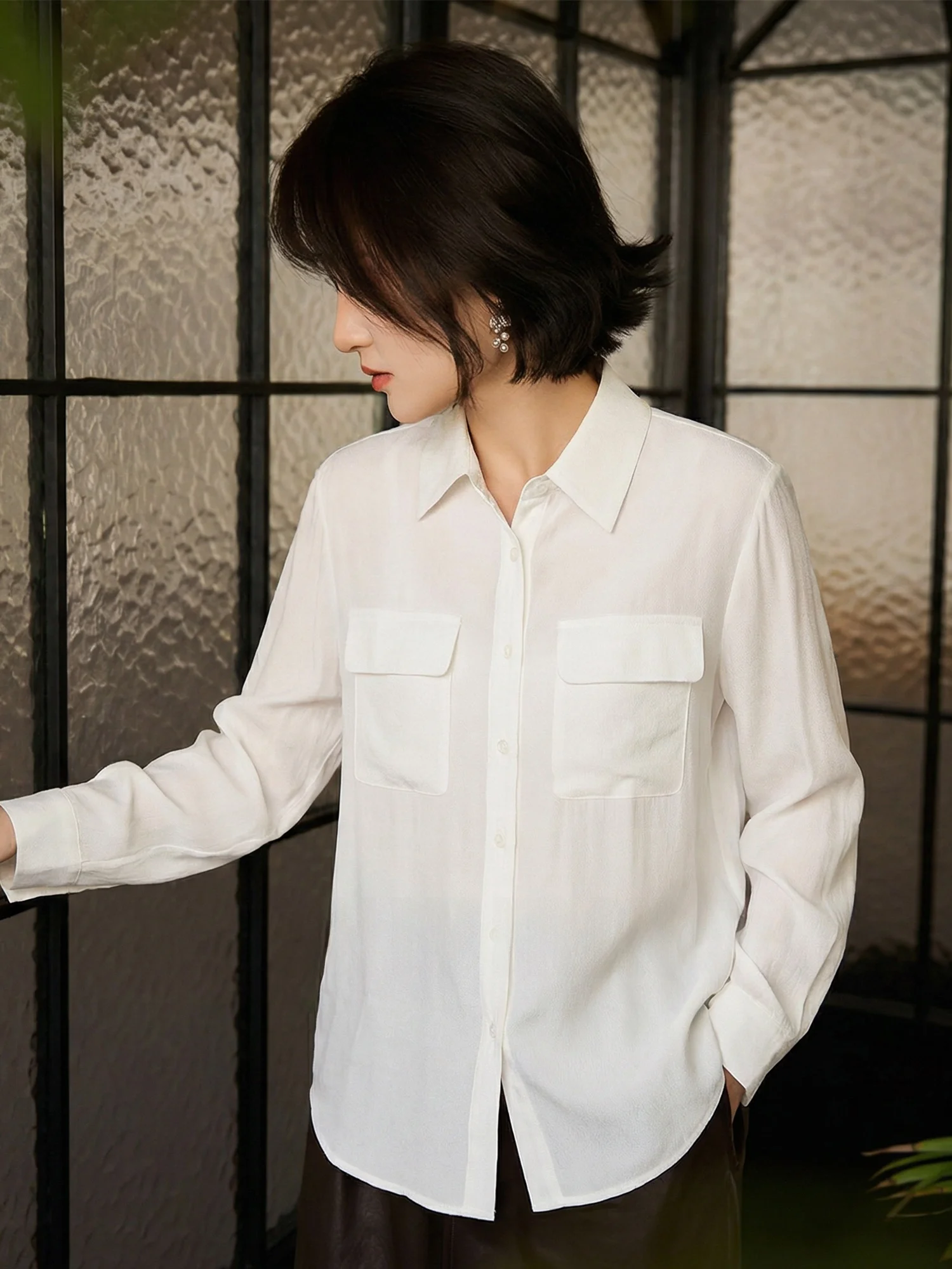 

Chivirin Silk irt Women's Long Sve Waed Cotton Spring New Turn Collar Commute Casual Loose Fit Breathable Comfortable