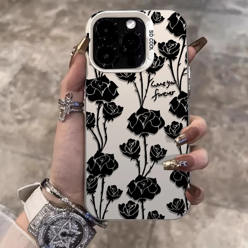 Full Screen of Roses Phone Cases for iPhone 14 15 Pro 11 12 13 ProMax X XR XSMax 12 Mini 7/8 Plus Plated Shockproof Bumper Cover