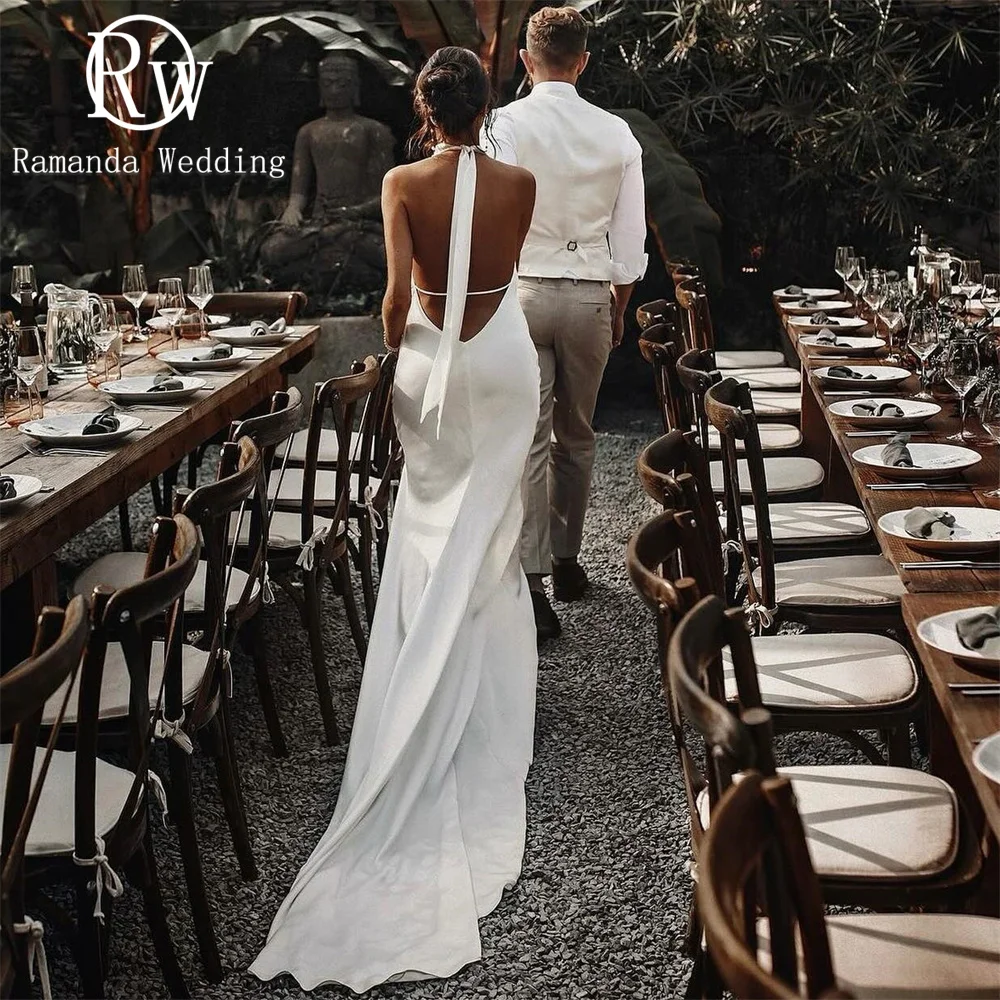 Ramanda Backless Halter Elegant Wedding Dress Women 2025 Satin Side Slit Plain Sleeveless Sexy Sheath Bridal Gown Customized