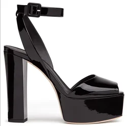 Peep Toe Platform Women Sandals Chunky Heel Patent Leather Large Size High Heels Summer Fashion Ankle Strap Shallow Sandals