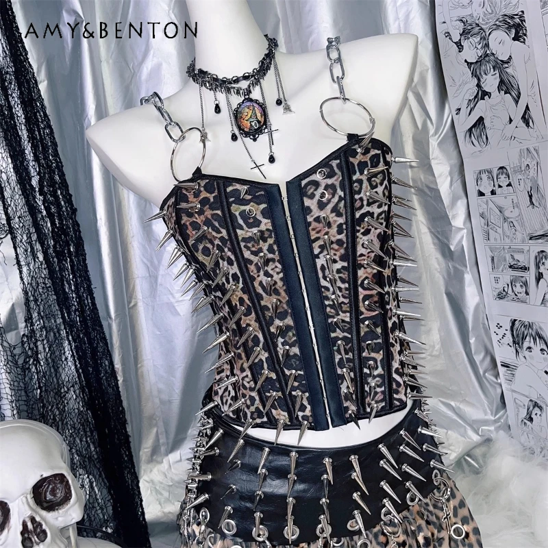 

Оригинальный дизайн, темный леопардовый принт, сращивание Y2K, горячая девушка, заклепка, женский топ-труба в стиле панк, новый сексуальный комплект с короткой юбкой с высокой талией для женщин