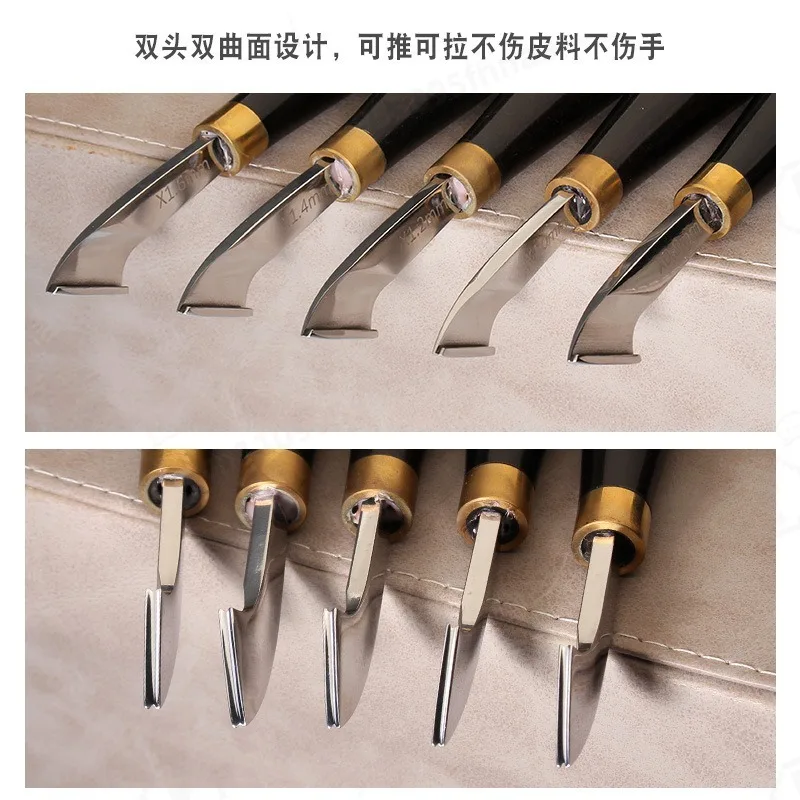 Dual Push Pull Leather Skiver Groover Sandalwood Handle DIY Handmade Leather Surface Processing Craft Tool