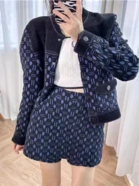 

Women Plaid Jacquard Short Sweater Stand Collar Single Breasted Long Sleeve Vintage 2024 Spring Female Knitted Cardigan Jacket