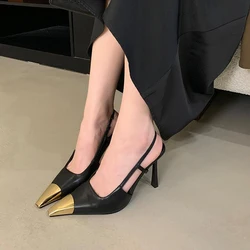 9cm Stiletto Heels Ladies Brown Pumps Classic Metals Pointed Toe Slingback Shoes Black Patent Leather High Heels Talons Femme