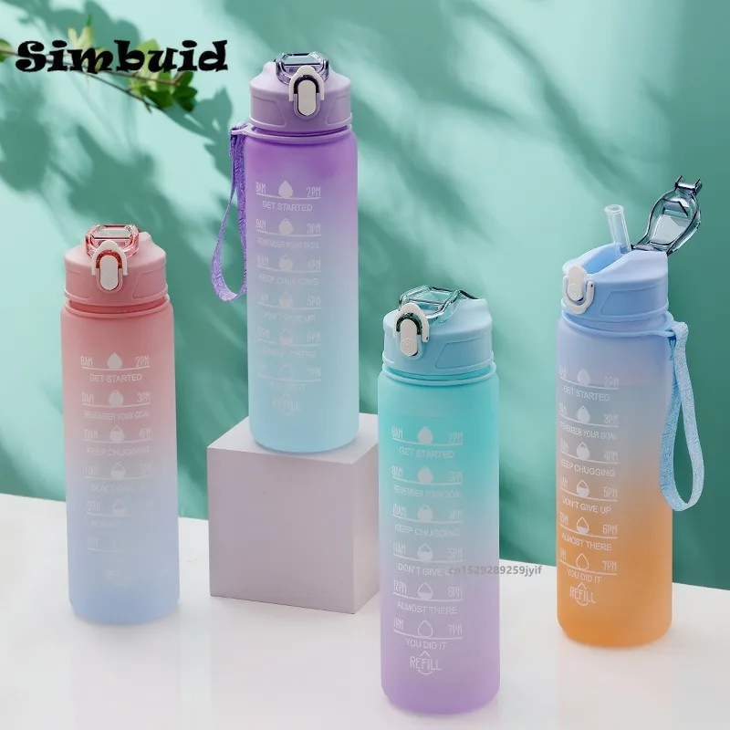 600ML/750ML/1000ML Sports Water Bottle Gradient Color Motivational Bottle with Time Marker Leak-proof Cup Gym Outdoor Drinkware