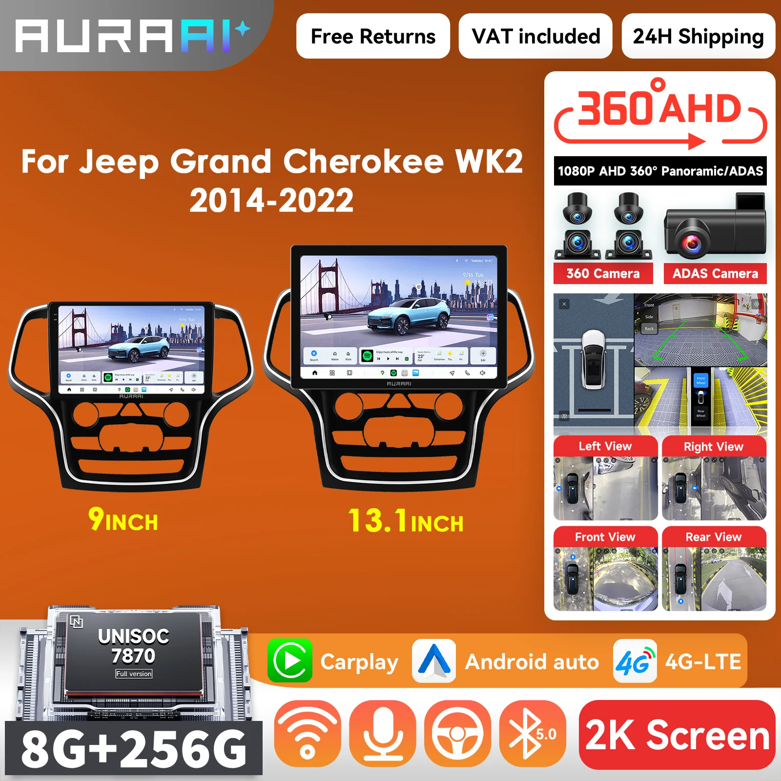 Schermo intelligente per auto AURAAI 8+256G Android per Jeep Grand Cherokee WK2 2014-2022, Carplay, ADAS, telecamera a 360°, autoradio, GPS, SWC