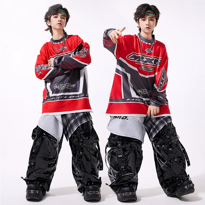 

Children Hip Hop Costume Street Dance Outfit Boy Red Top Glossy Black Pants Jazz Show Stage Outfit Hip Hop Performance Wear 3164