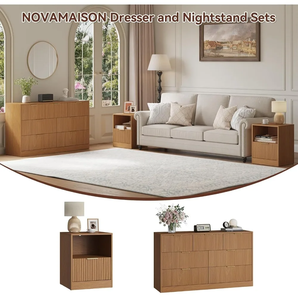3 Pc Fluted Dresser & 1-Drawer Nightstand Set Natural Wood 7 Drawers Metal Handle