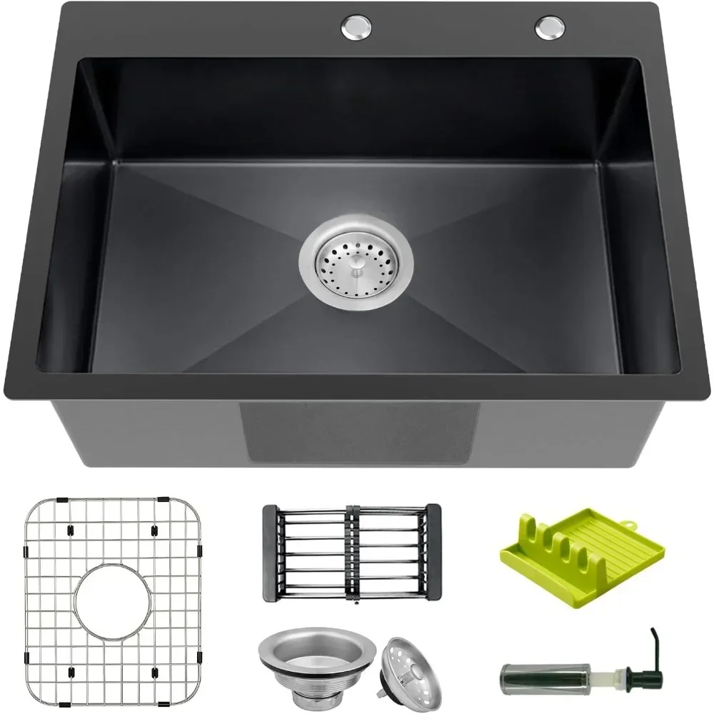 Drip in single bowl kitchen sink with stainless steel strip on top,equipped with accessories: grid, filter basket,soap dispenser