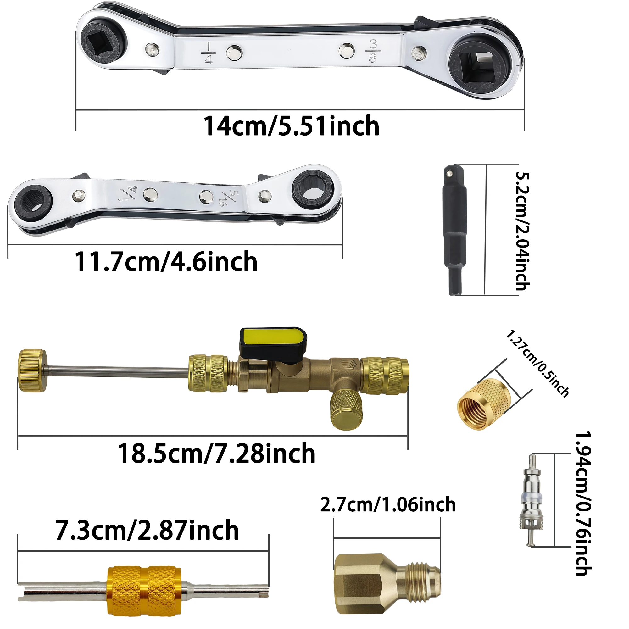 Valve Core Remover Installer Tool & HVAC Wrench Set , Dual Size SAE 1/4 & 5/16 Port,3/8'' to 1/4'', 5/16'' x 1/4'' Wrench