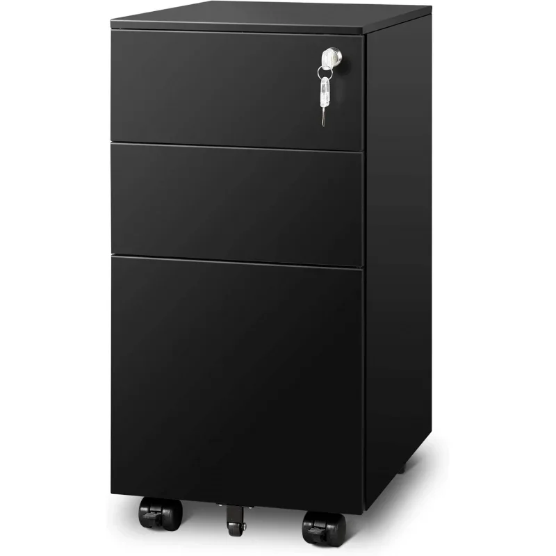 3 Drawer File Cabinet with Lock, Metal Rolling Filing Cabinets Home Office, Small Under Desk Cabinet with Slim Width (11.8 i