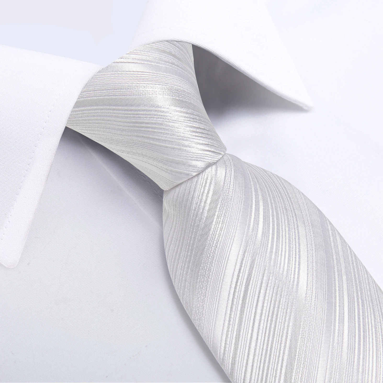 Einfarbige weiße elegante Krawatten für Herren, gestreifte Hochzeits- und Business-Accessoires für Männer, Krawatte, Einstecktuch, Manschettenknöpfe, Geschenk. – Detail 12