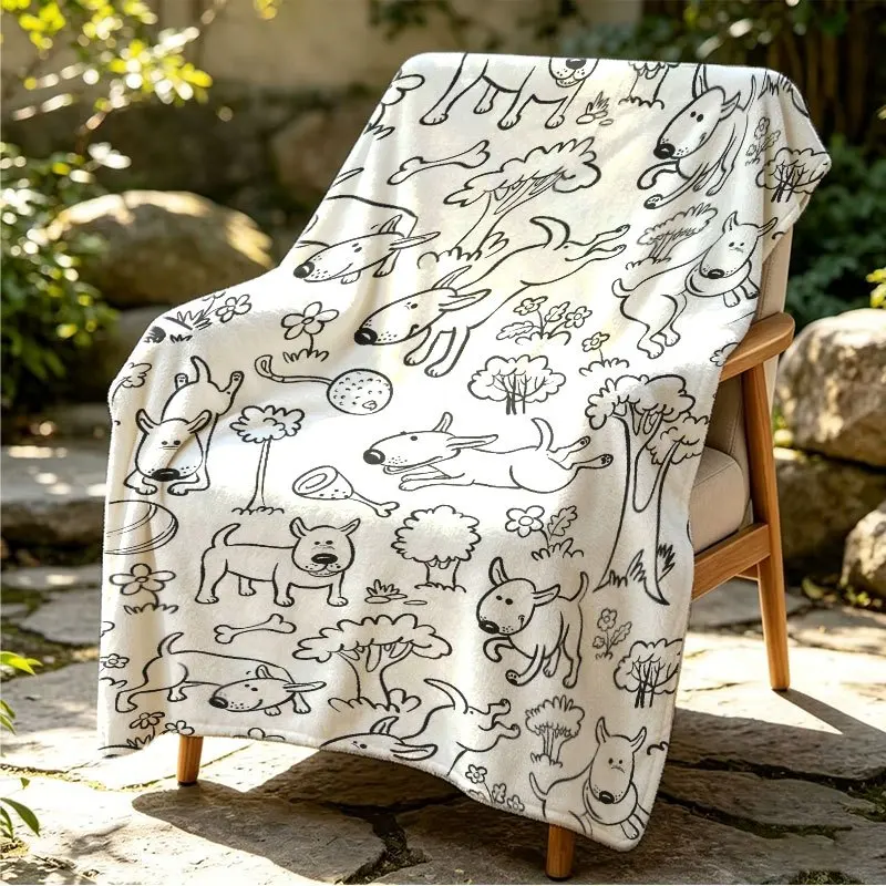Cute Dog Throw Blanket Outdoor Puppy Doodle Line Drawing Print Soft Flannel for Kids Room Sofa Lap Pet Theme Decor Gift
