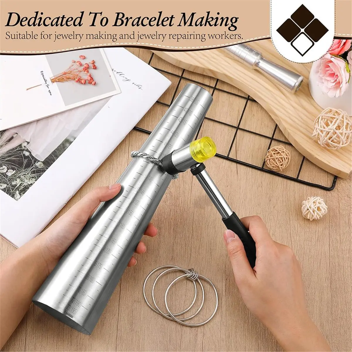 Y291A J~Ring Bracelet Sizer Measuring Tool Set, Includes Metal Ring Mandrel, Metal Bracelet Mandrel, Rubber Mallet Hammer