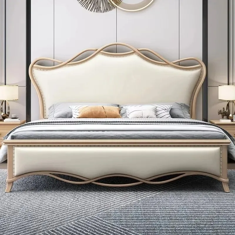 

Waterproof Bedroom Double Bed Frame Beige Europen High Wooden Platform Double Bed Full Size Luxury Lozko Sypialniane Furniture