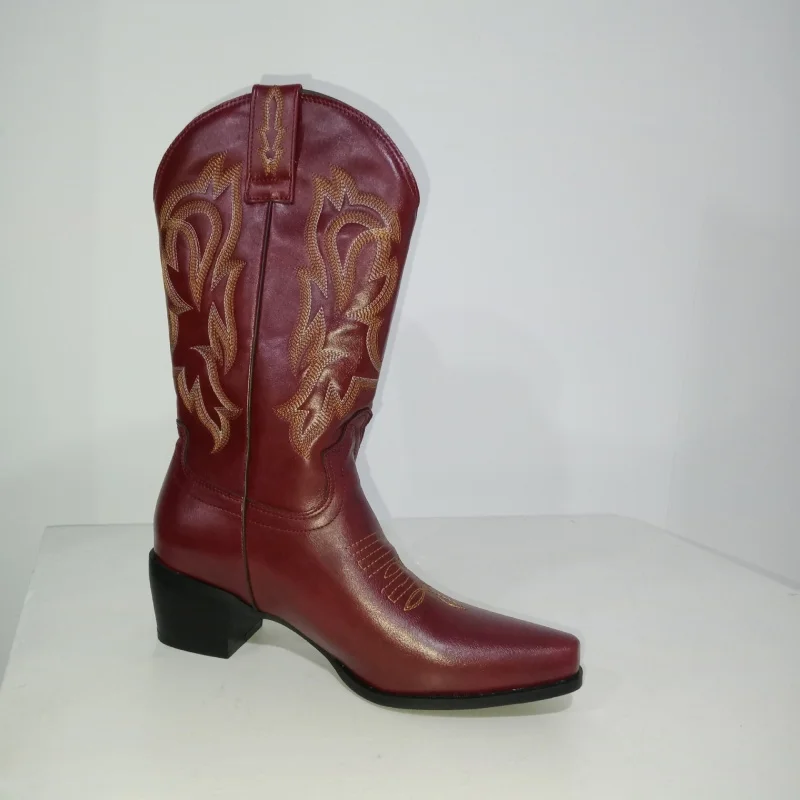 

Fashion Autumn Winter Chunky High Heels Embroidered Fashion Cowboy Boots Combat Boots for Women Zapatos De Mujer