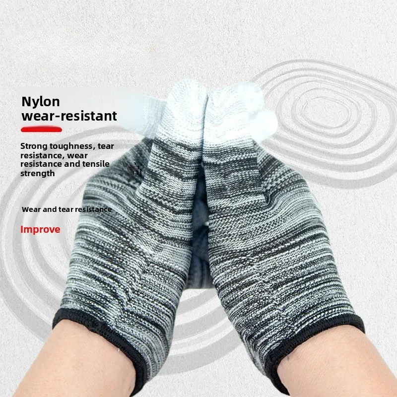 قفازات أصابع مطلية باللون الأسود - مخططة من البولي يوريثان، نايلون - ملولبة، مقاومة للاهتراء، للعمل والعمل، قابلة للتنفس، مناسبة