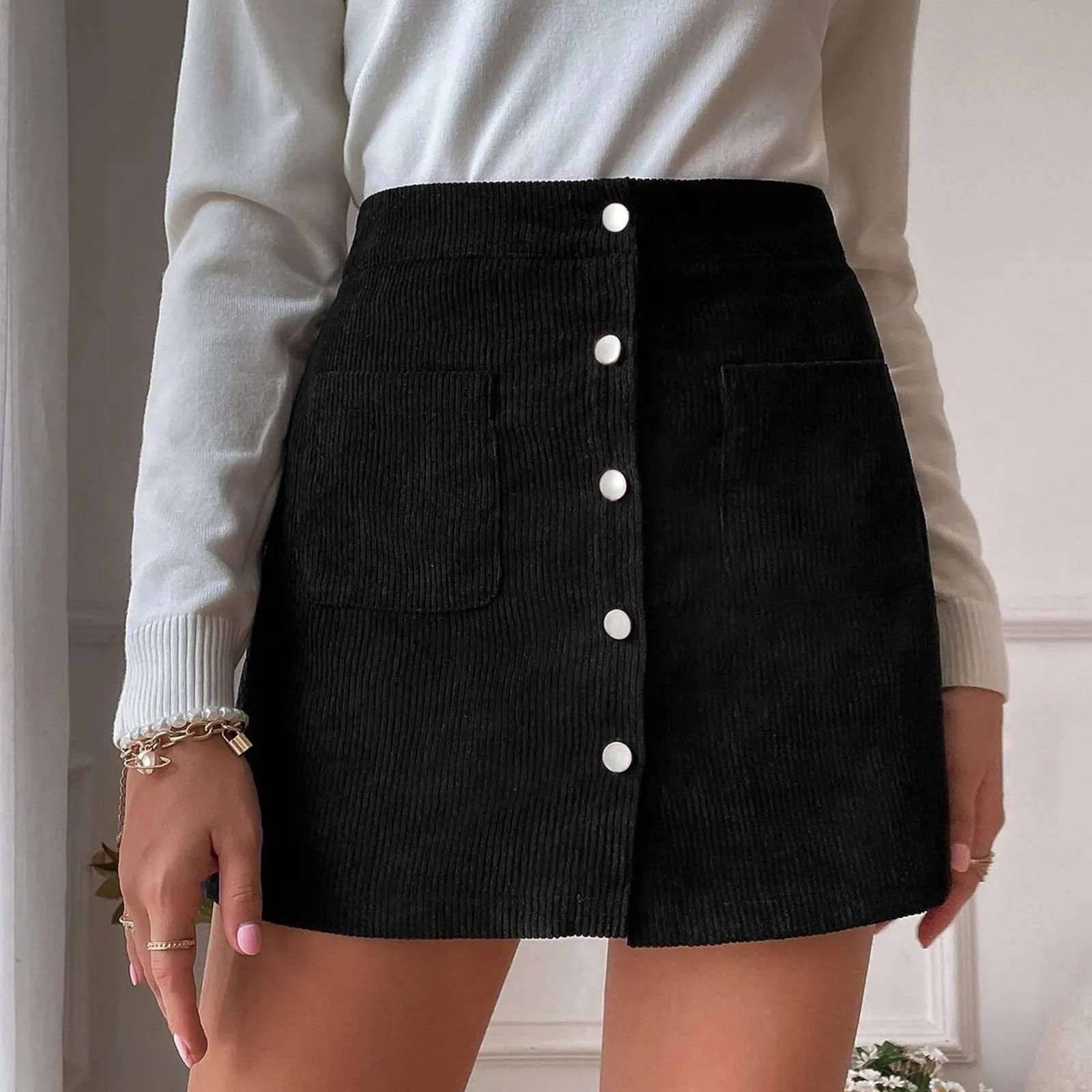 Sequined Skirts Women's Short Skirt Solid High Waist Zipper Autumn Winter Skirt Corduroy Hip Wrap Ruched Ruffle Mini Skirt