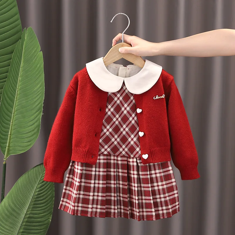 1-6Y Girls Autumn Winter Clothes Set Heart Button Round Collar Kids Girls Cardigan Plaid Peter Pan Collar Girls Sundress Outfit