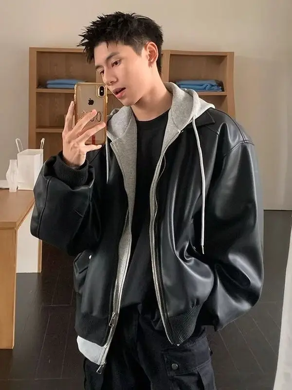 Men's Hooded PU Leather Jacket Fake Two-Piece Style Couple's Fashion Spring Trend Loose Fit Long Sleeve Zipper Closure