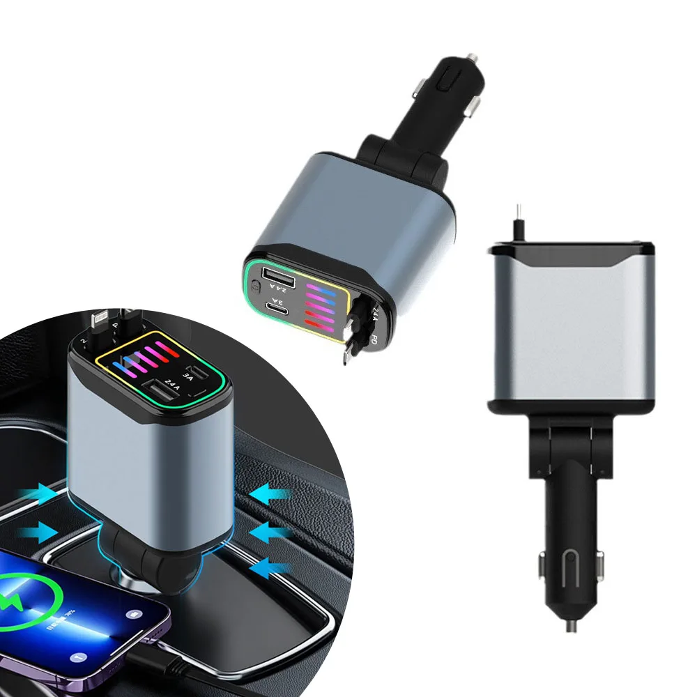 

4 IN 1 USB Type-C Fast Charging Charger Car Phone Adapter Socket Charger with Retractable Cable Charger Interior Accessories