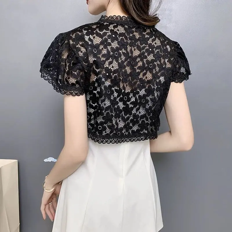 크로 셰 뜨개질 레이스 중공 카디건 짧은 재킷 여름 해변 커버 업 섹시한 우아한 여성 Office Lady All-match Slim Fit Summer