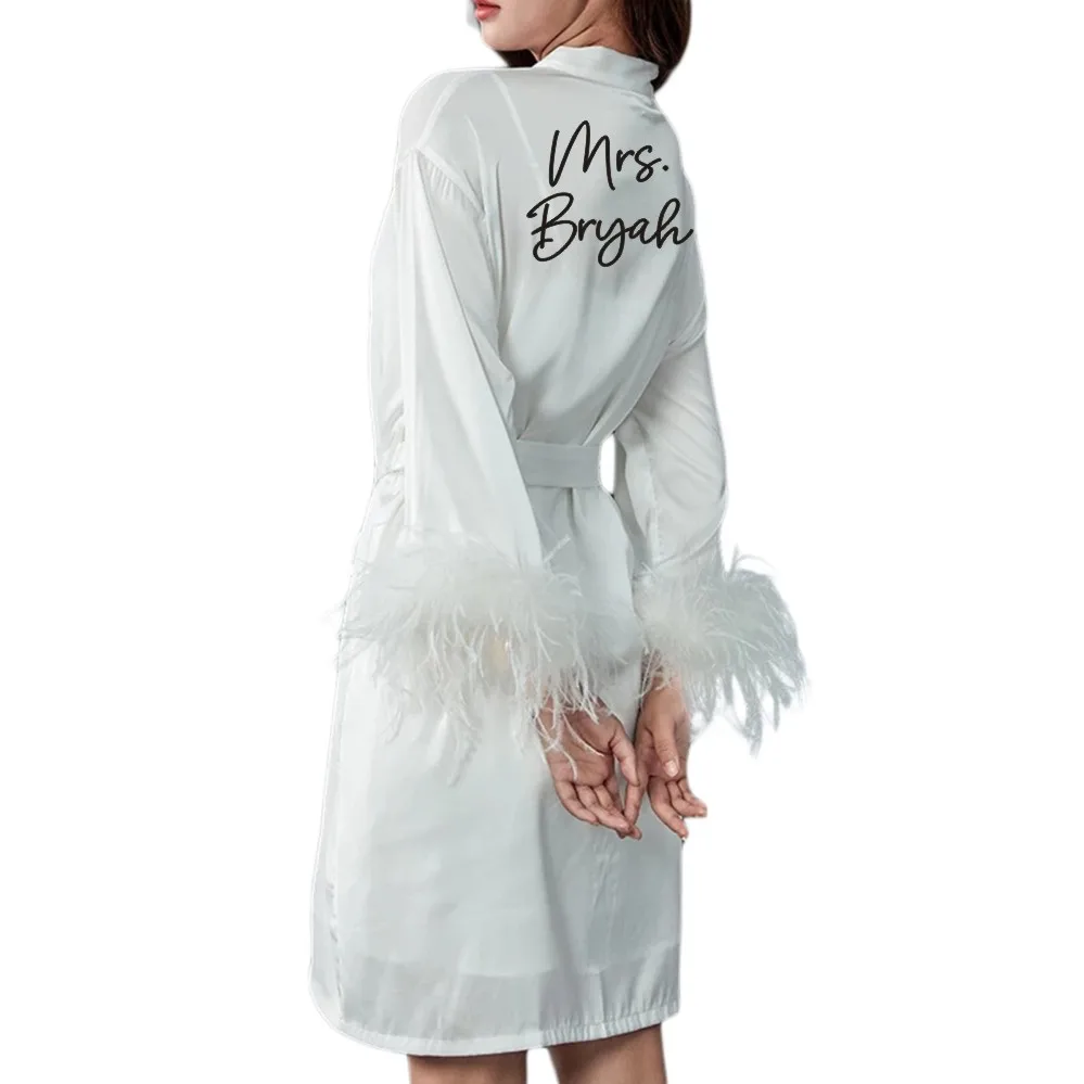 Custom Mrs Robe Pure Silk Kimono Robe with Feather Bride Robe White Robe Boudoir Robe Bridal Robe Dressing Gown Bridesmaid Gift