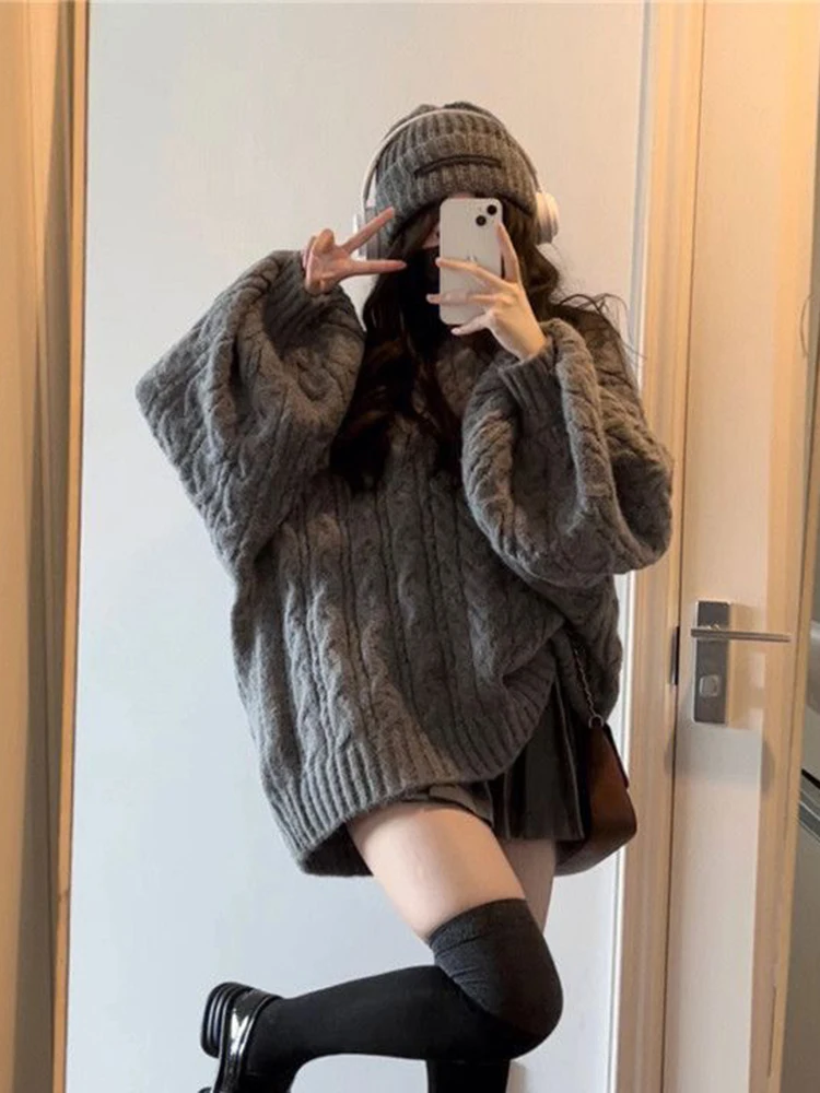 Jmprs Sweet Preppy Style Grey Sweaters Women Korean Vintage Oversize Loose Knitted Pullovers Autumn Winter V Neck Harajuku Tops