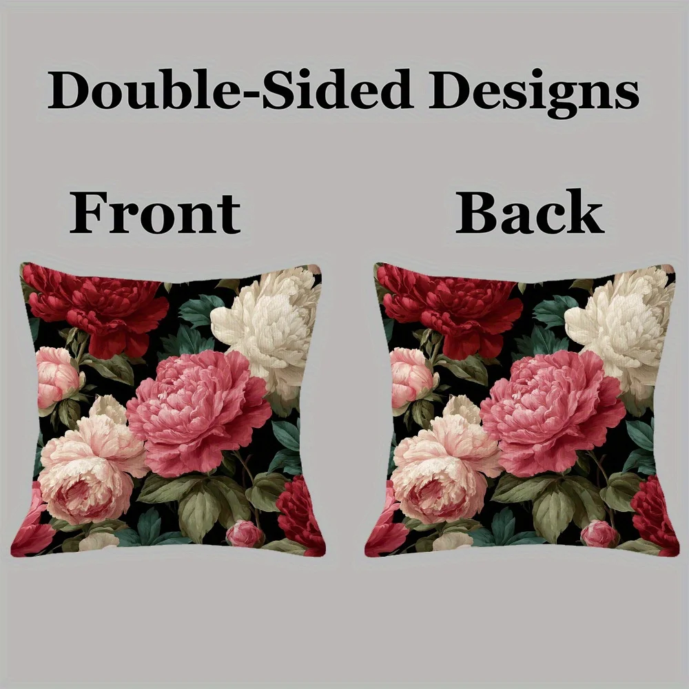 Elegant Peony Floral Double-Sided Pillowcase, Modern Flower Pattern Cushion Cover with Zipper, Washable Decor Case for Sofa