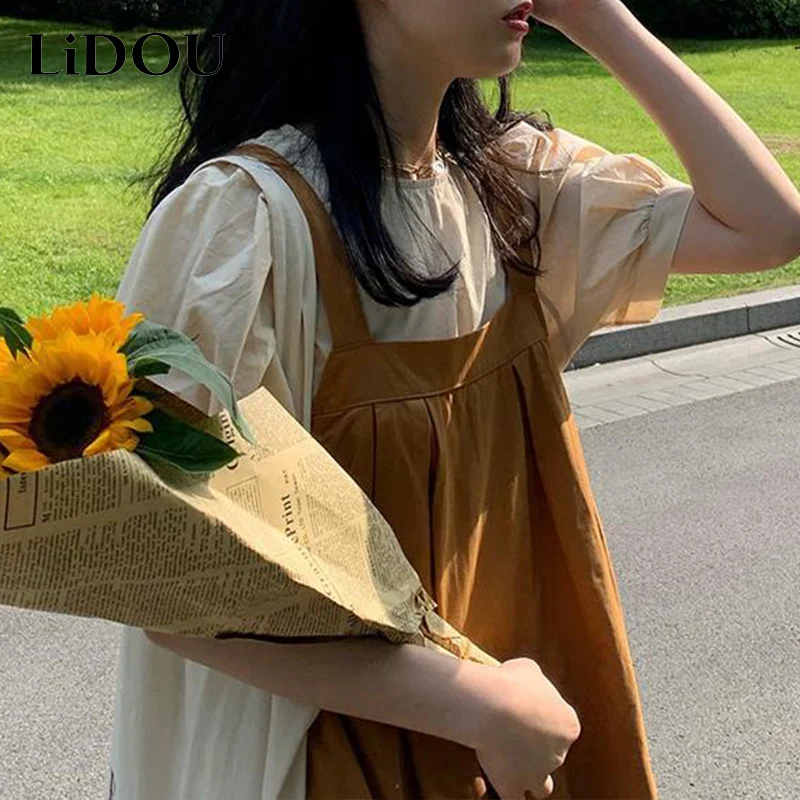 Summer Japanese Style Vintage Slingdresses Sets Women Round Neck Solid Color Short Sleeve Tops Ladies Pleated Suspender Skirt