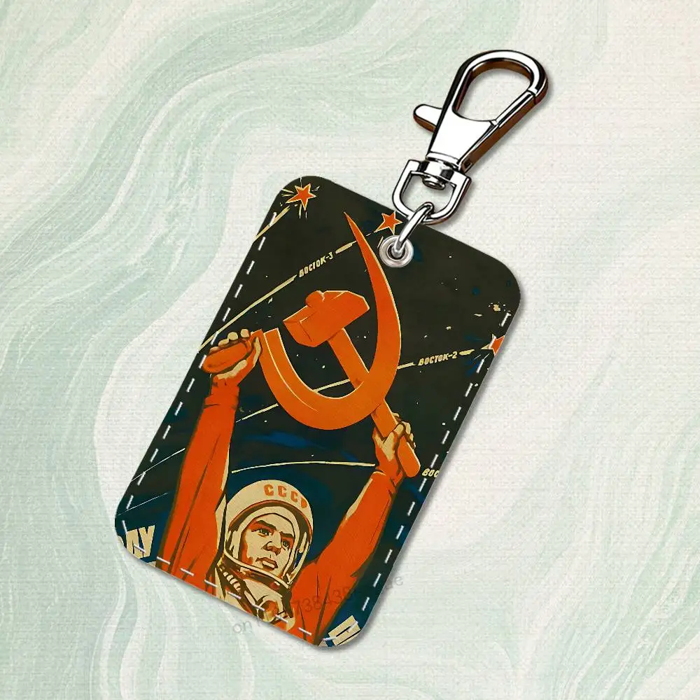 Banner Russian USSR Custom Access Card Case Leather Card Holder Keychain Key Ring Transportation Card Case Gifts