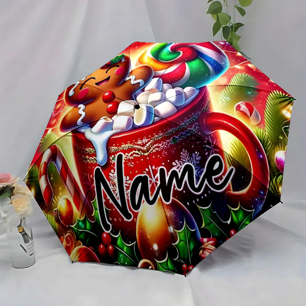 Custom Name Colorful Christmas-themed umbrella with festive design Print 8Iron Ribs Folding Umbrella Auto-Open Fashion Sunshade