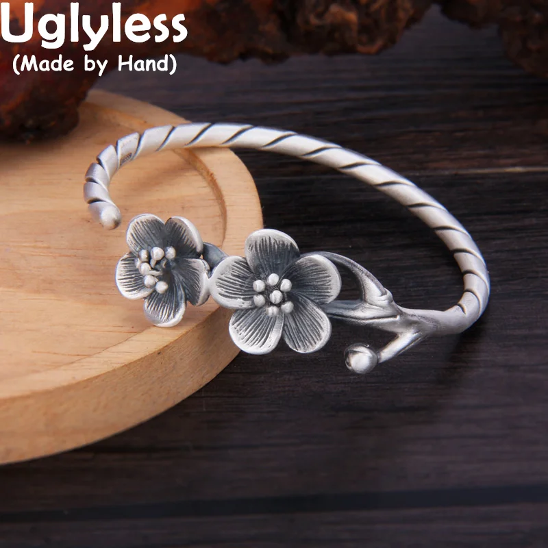 Uglyless Solid 999 Full Silver Twists Bangles for Women Plum Blossom Bangles Thai Silver Flowers Jewelry Retro Bracelets Gifts