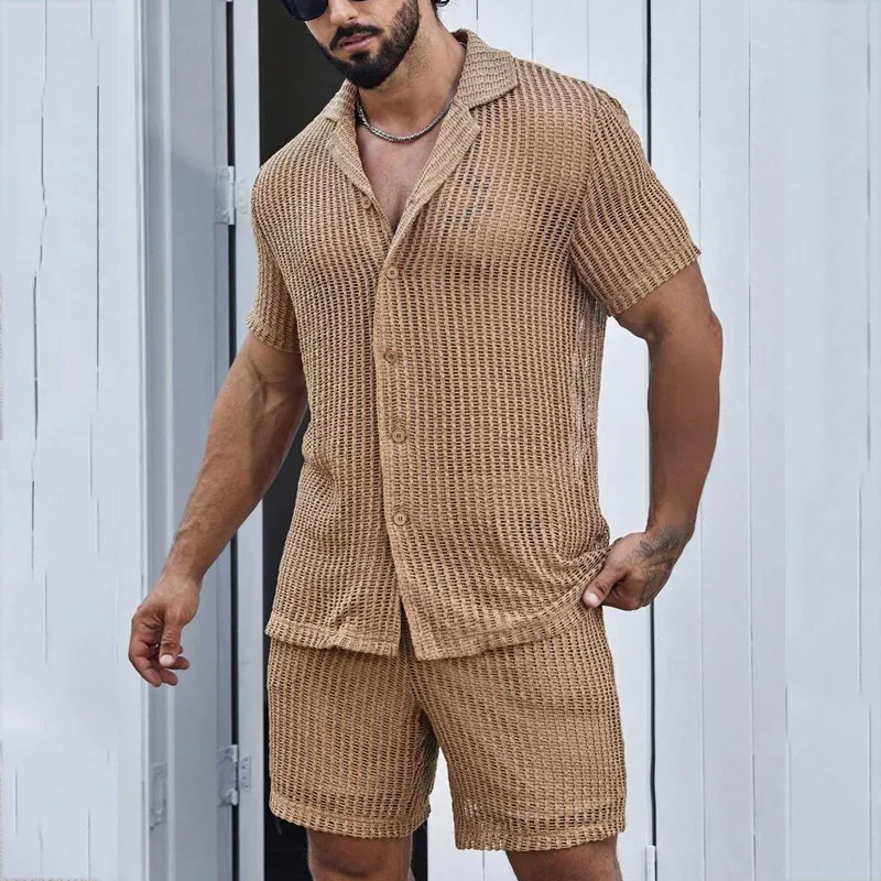 Men\'s Suits Solid Color Lapel Short Sleeved Shirt Summer Shorts Casual Fashion Two-piece Set for Men