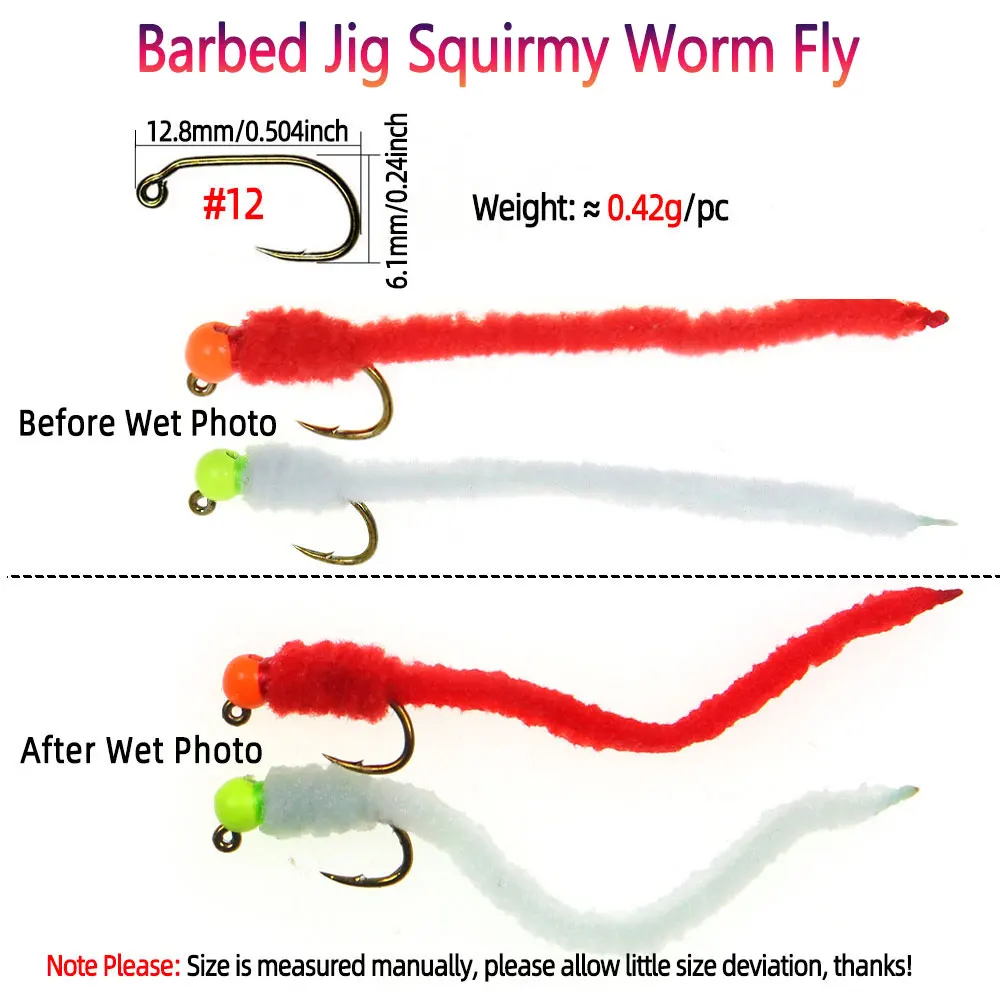 6 Stück # 12 gezahnte Jig-Squirmy-Worm-Fliegen, schnell sinkende Nassfliegen, künstliche Regenwurm-Fliegen für Forellen-, Barsch-, Blugill- und Grauforellen-Angeln – Detail 2