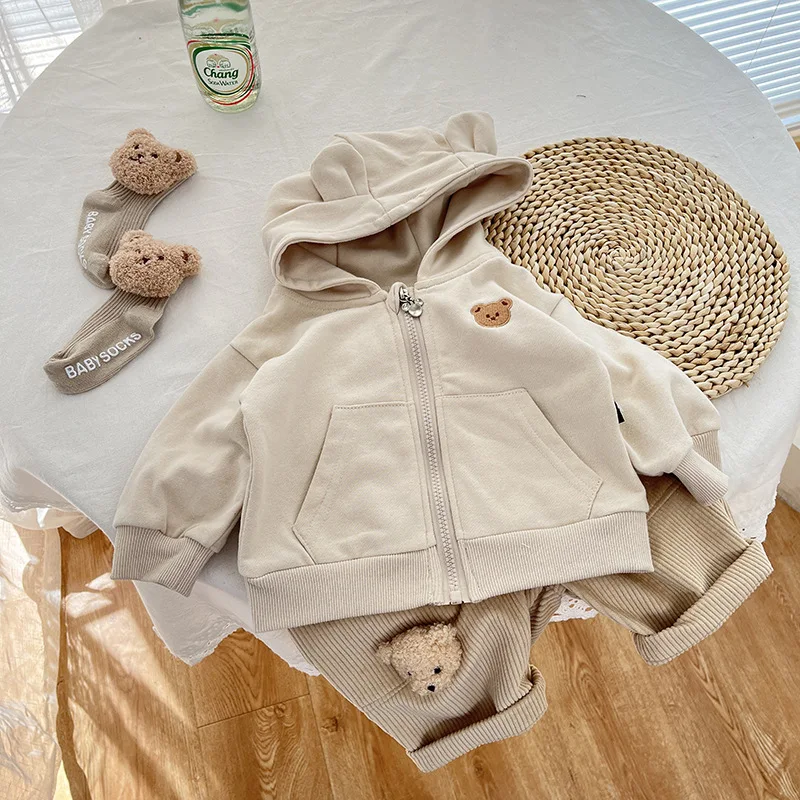 Girl Cute Bear Cardigan Simple Soft Zipper Hoodies 0-3y Infant Baby Solid Comfortable Coat Toddler Boy Pocket Coats