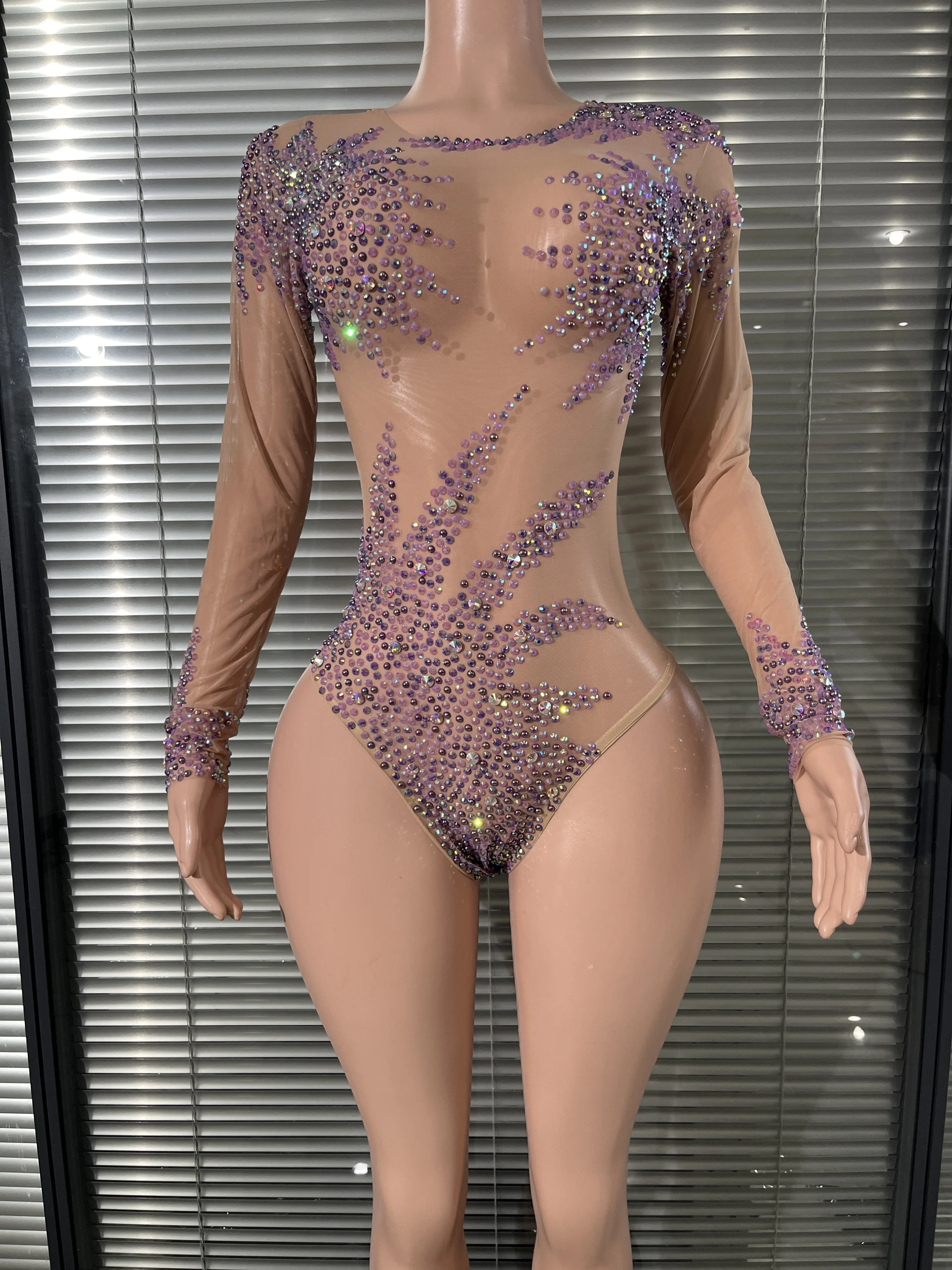 

Women Sexy Skinny Diamond Mesh Transparent Bodysuit Luxury Birthday Evening Party Stage Nightclubs Stage Performances