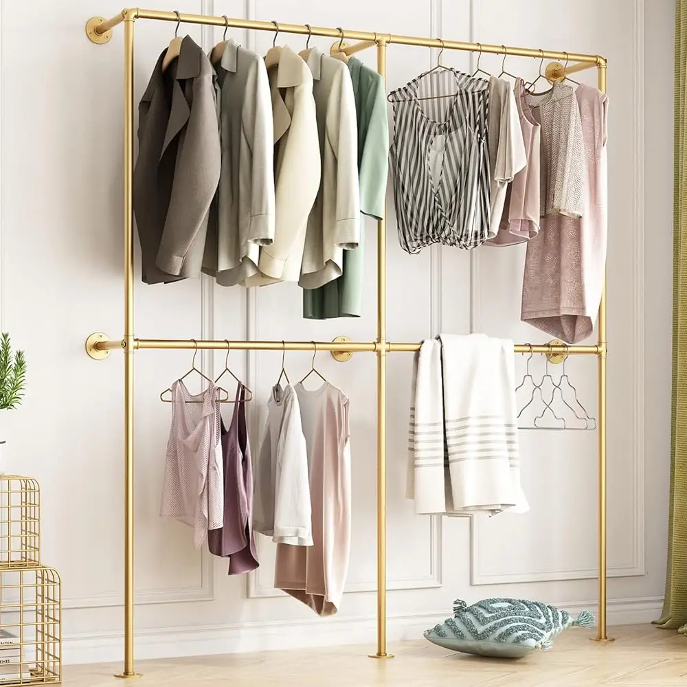 

Industrial Pipe Clothing Ra Wall Mounted,Clothes Racks With Double Hanging Rods For Closet Storage(Gold)