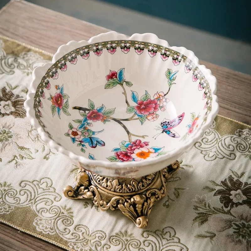 طبق فاكهة سيراميك فرنسي أوروبي عتيق لغرفة المعيشة فيلا وعاء منزلي طويل القامة أطباق فواكه مجففة أوروبية