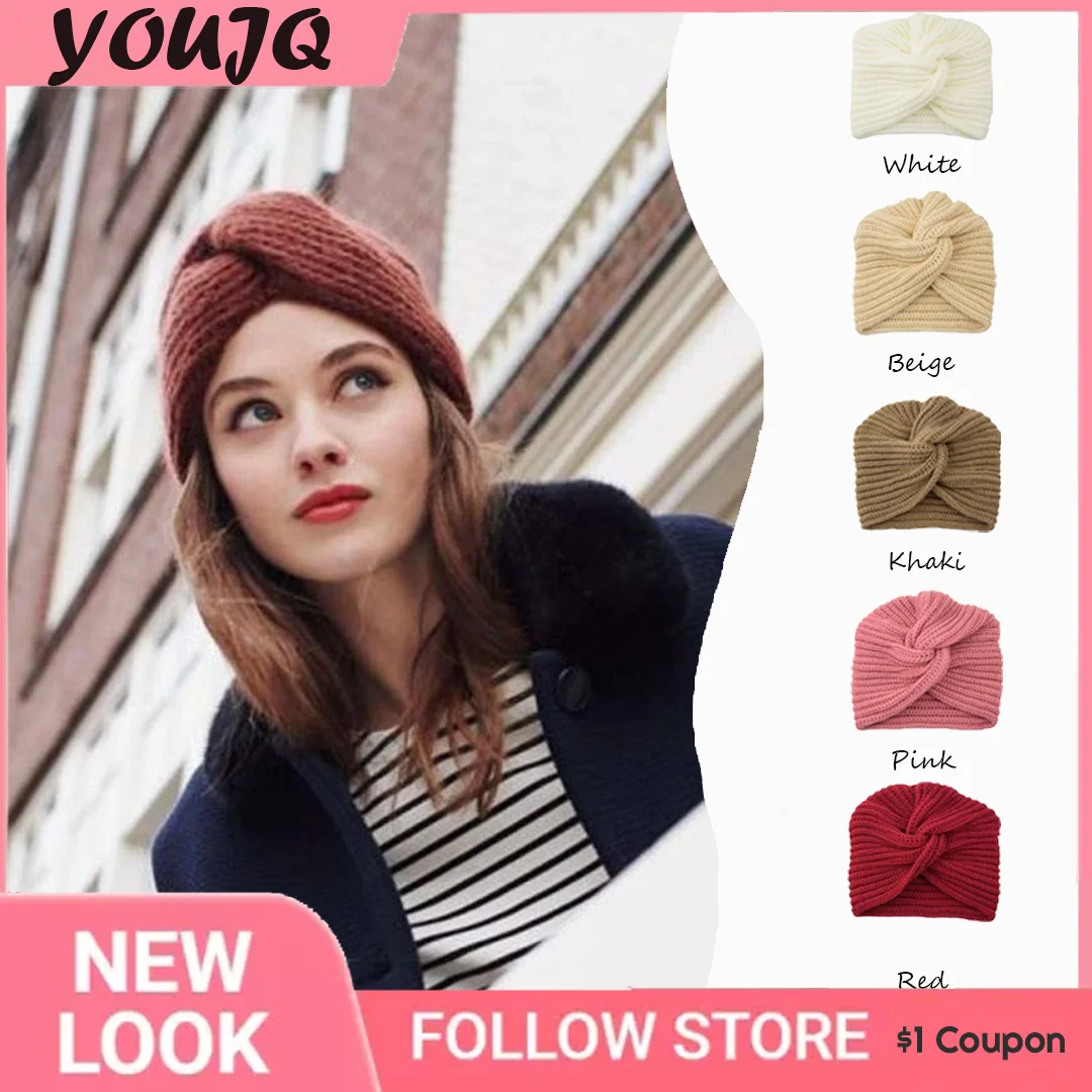 Women's Faux Cashmere Crossover Indian Slow Muselin Hat Bohemian Cap Solid Color Woolen Knit Hat