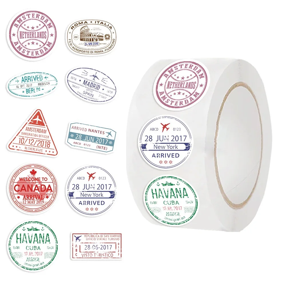 500Pcs/roll Retro Passport Postmark Stamps Sealing Sticker DIY Scrapbooking Notebook Luggage Laptop Skateboard Sticker Toy