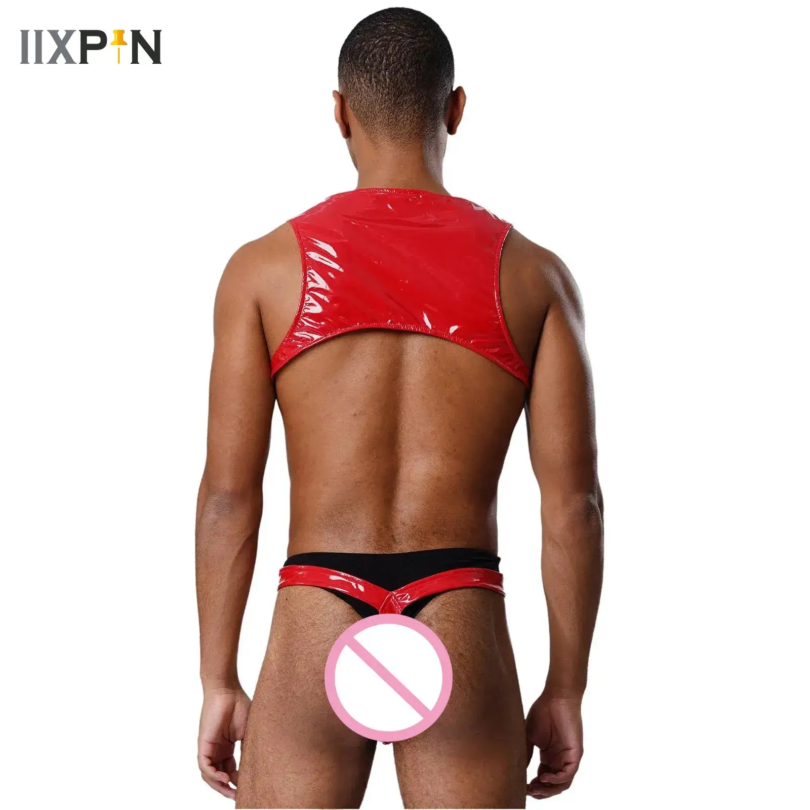 

Men Lingerie Latex Bodysuit Sleeveless Hollow Out Lace-up Pouch Thong Jumpsuit Fuax Leather Teddies Rave Party Night Club Wear