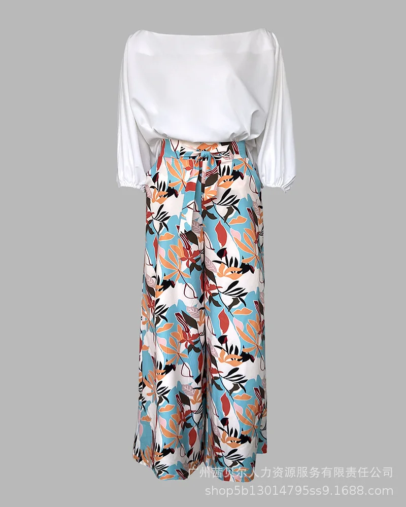 Pant Set Women Two Piece Sets Oblique Shoulder Matching Sets Tops Wide Leg Long Pants High Waist Print Y2k Streetwear Elegant