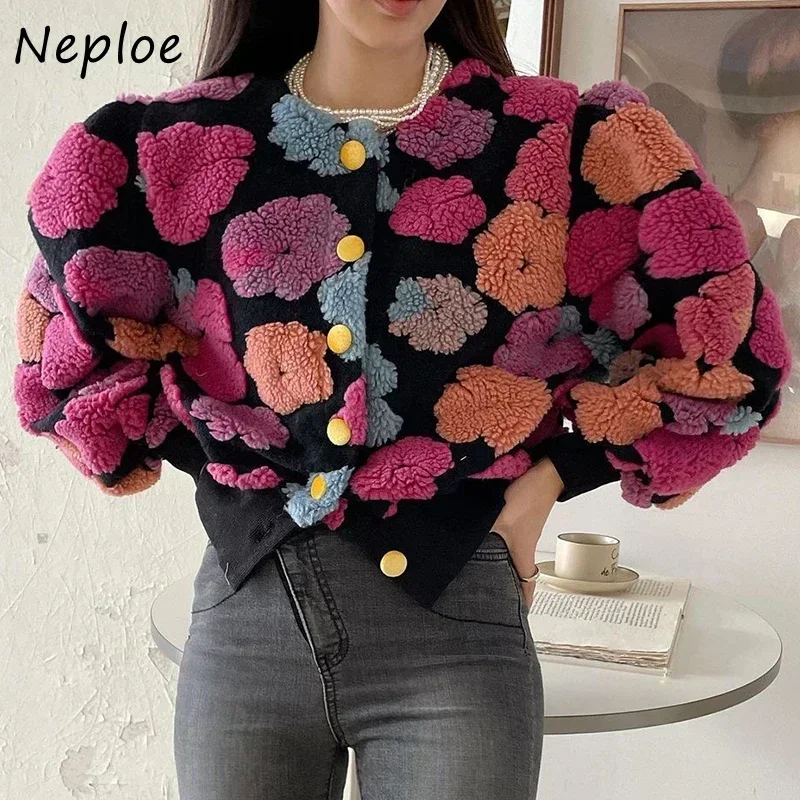 Neploe Niche Vintage Round Neck Contrast Flower Design Jackets 2024 Autumn Winter Single Breasted Long Sleeve Lamb Wool Coat