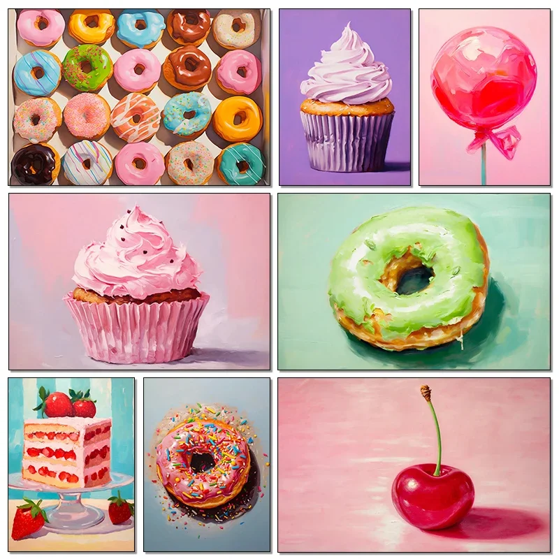 Frameless Canvas Painting Modern Pink Lollipop Donut Cherry Doughnuts Macarons Cupcake Canvas Painting Print Pop Art Colorful Fo